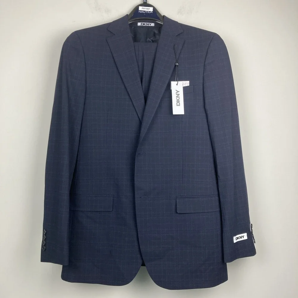 DKNY Mens Modern‎ fit 2-pc Suit Jacket 40L Navy Blue Solid Plaid Pants 35W 33L